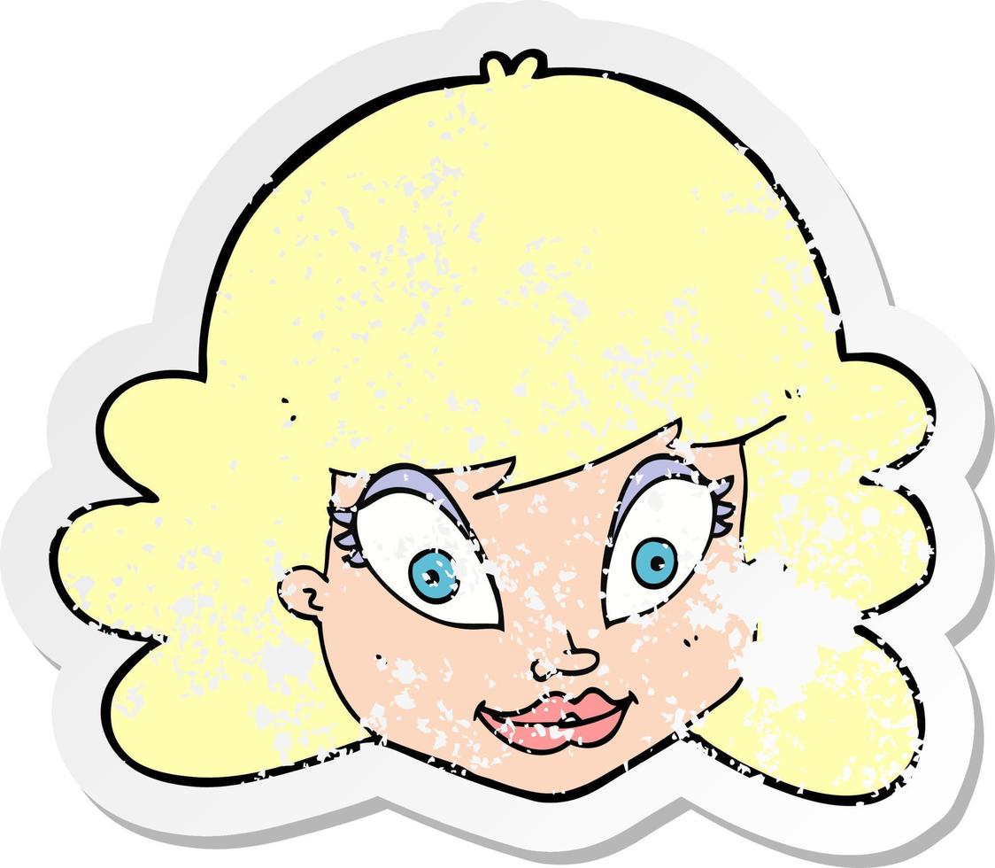 retro distressed sticker of a cartoon happy female face vector