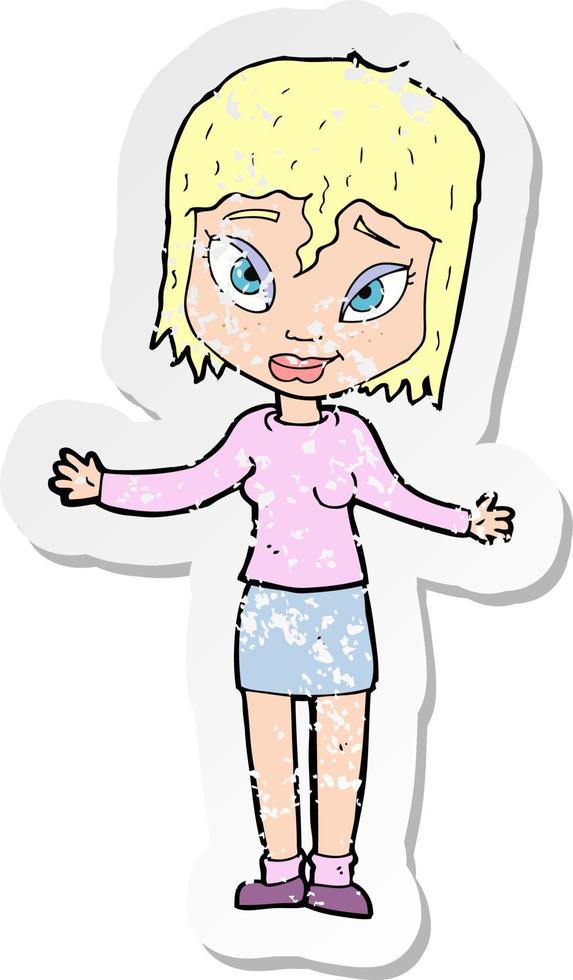 retro distressed sticker of a cartoon woman shrugging shoulders vector