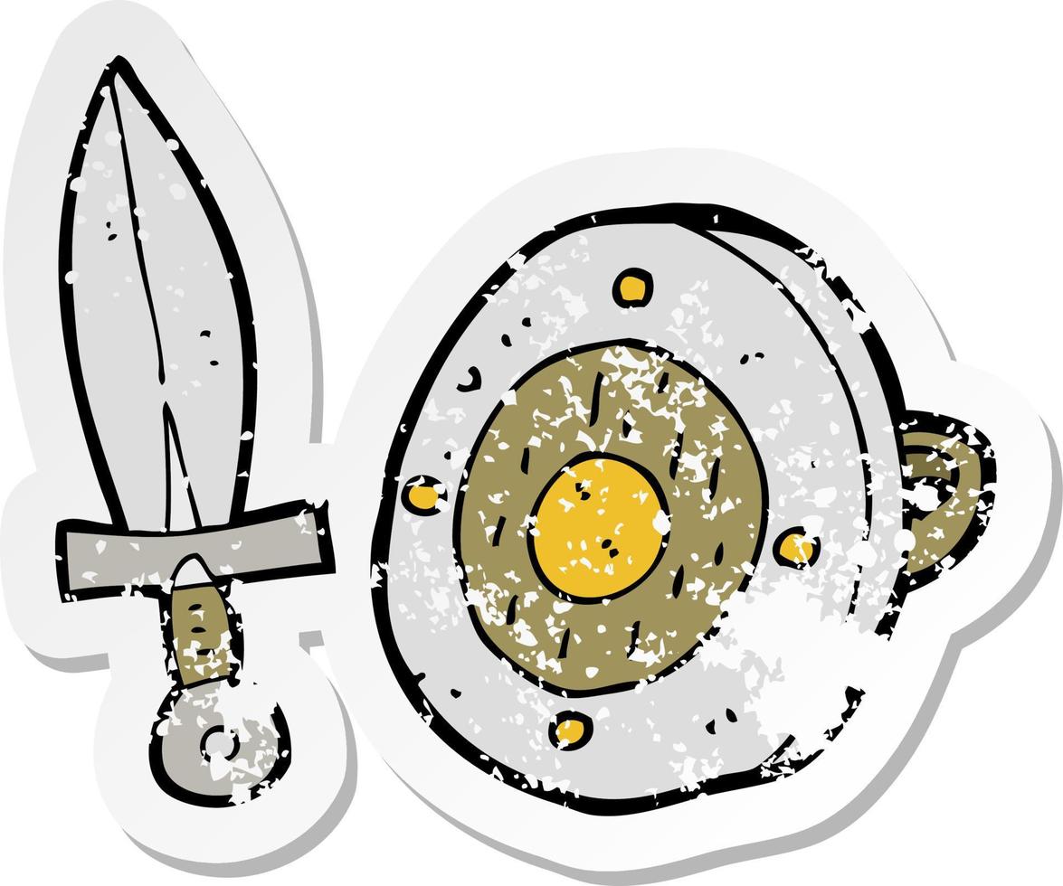 retro distressed sticker of a cartoon sword and shield vector