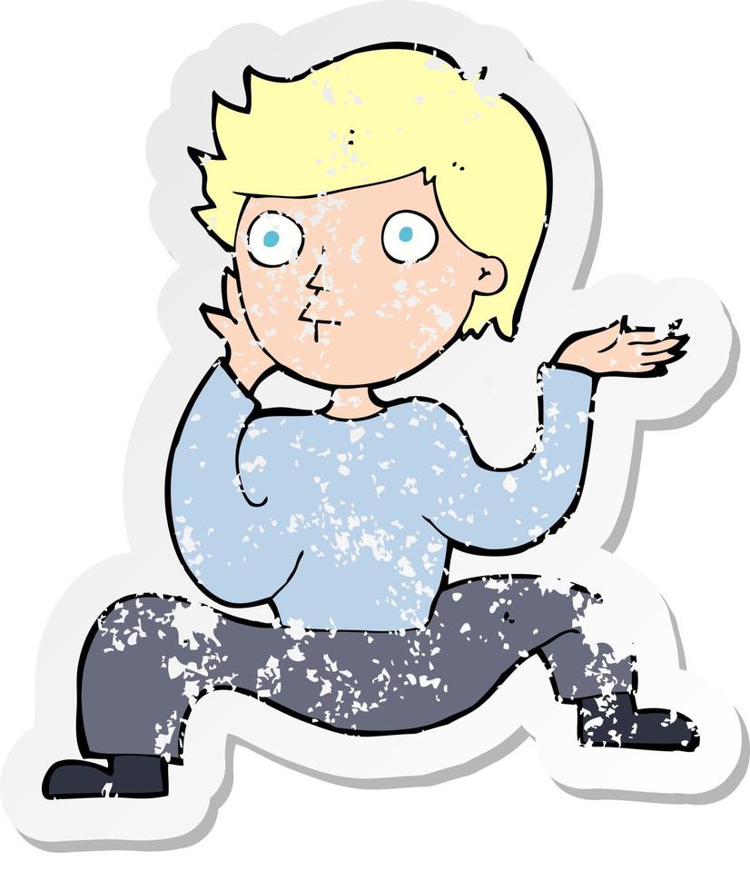 retro distressed sticker of a cartoon boy doing crazy dance vector