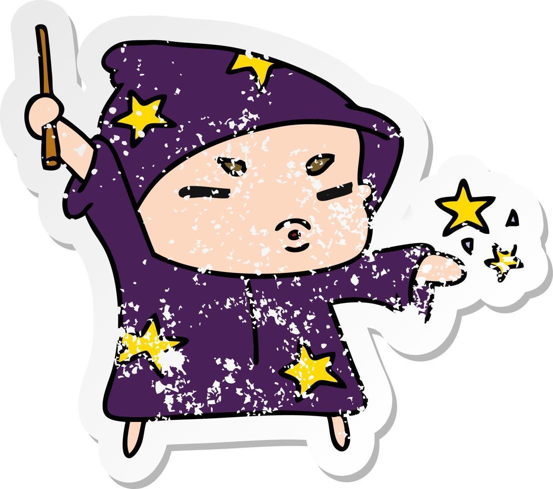 distressed sticker cartoon  cute kawaii wizard child vector