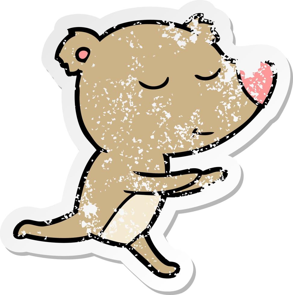 distressed sticker of a happy cartoon bear running vector