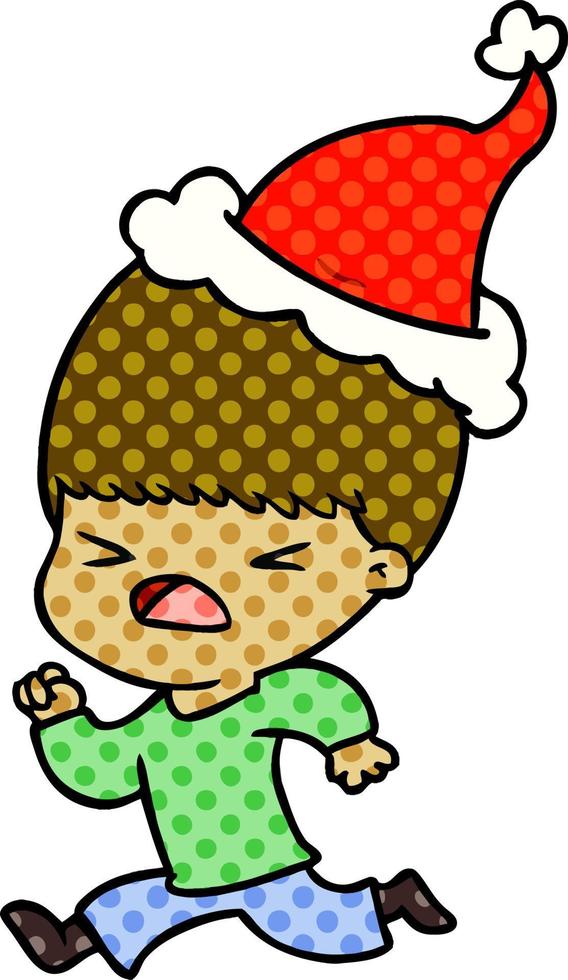 comic book style illustration of a stressed man wearing santa hat vector