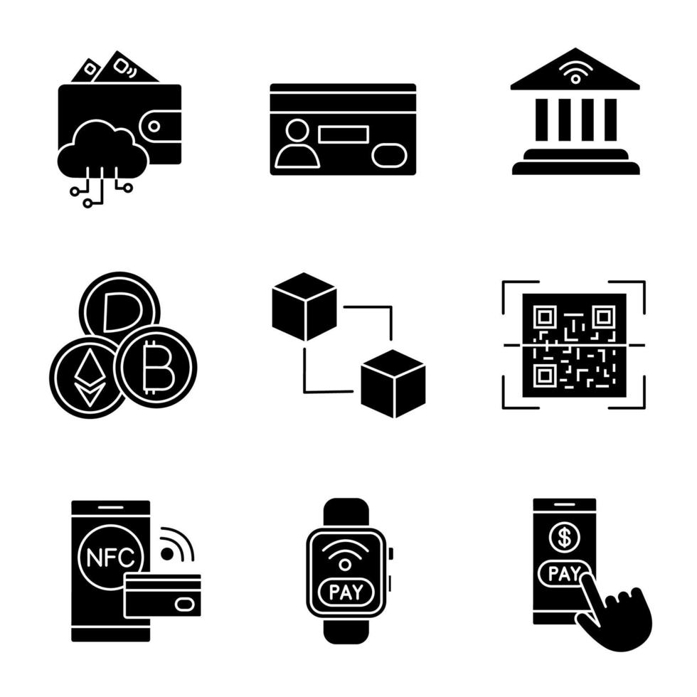 E-payment glyph icons set. Electronic money. Cashless and contactless payments. Digital purchase. Online banking. NFC technology. Silhouette symbols. Vector isolated illustration