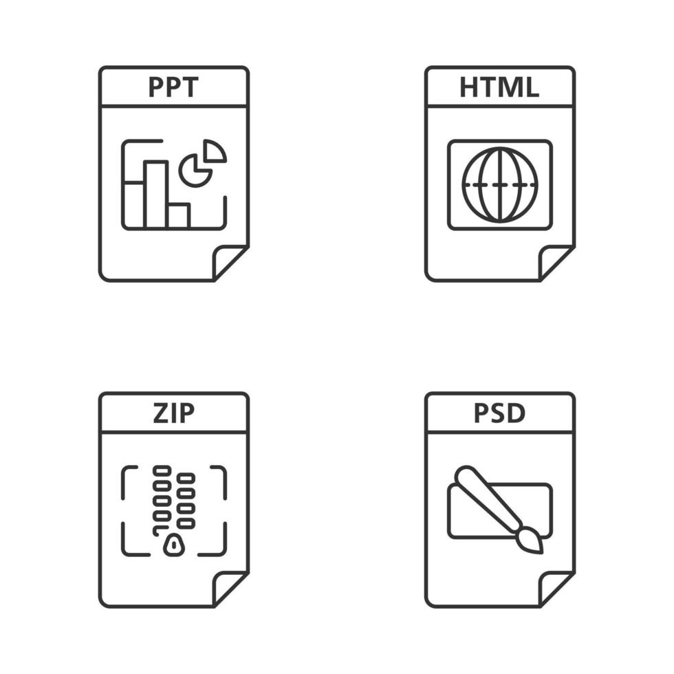 conjunto de iconos lineales de formato de archivos. presentación, página web, archivo, archivos de imagen. ppt, html, zip, psd. símbolos de contorno de línea delgada. ilustraciones aisladas de contorno vectorial. trazo editable vector