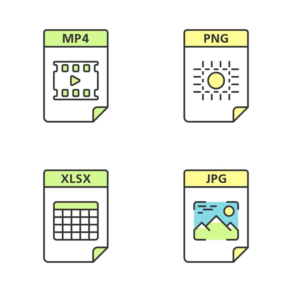 Files format color icons set. Multimedia, image, spreadsheet files. MP4, PNG, XLSX, JPG. Isolated vector illustrations