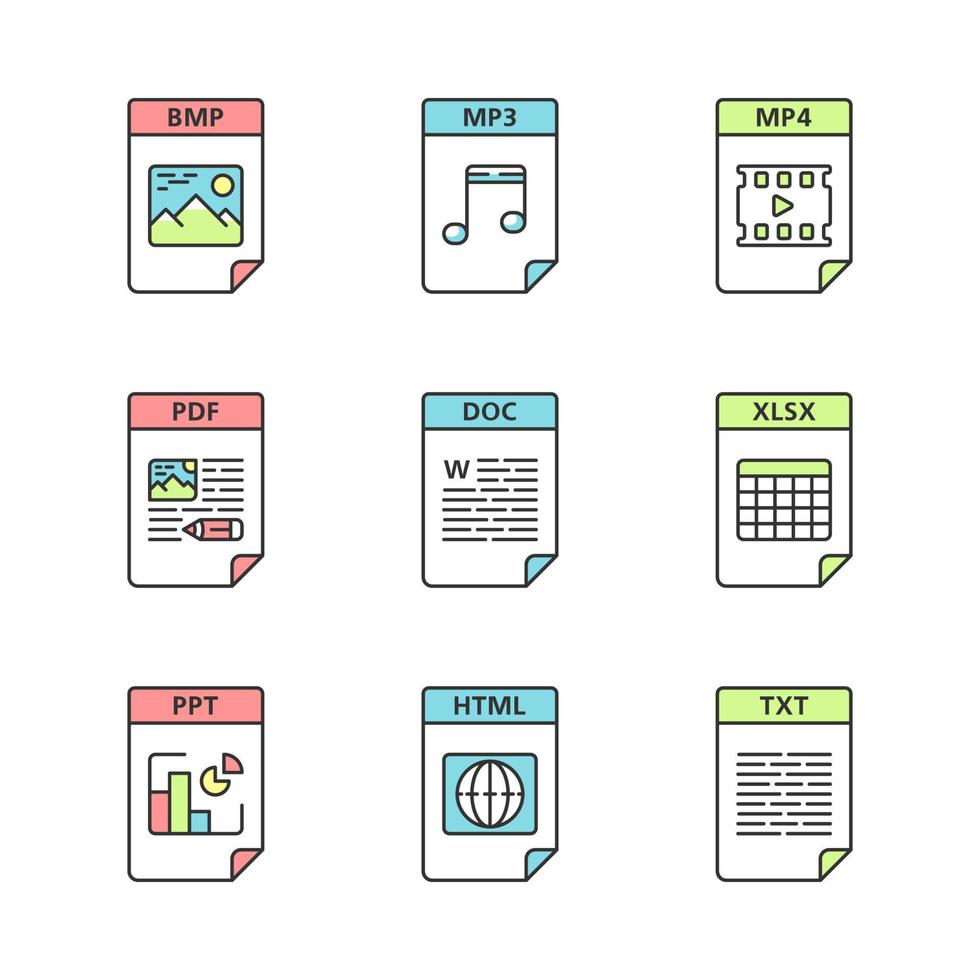 Files format color icons set. Image, multimedia, text, spreadsheet, webpage files. BMP, MP3, MP4, PDF, DOC, XLSX, PPT, HTML, TXT. Isolated vector illustrations