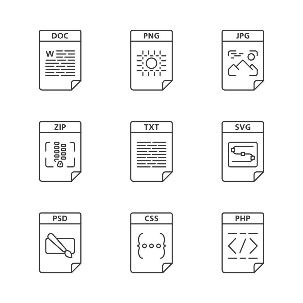Files format linear icons set. Image, multimedia, text, spreadsheet, webpage files. DOC, PNG, ZIP, TXT, SVG, PSD, CSS. Thin line contour symbols. Isolated vector outline illustrations. Editable stroke