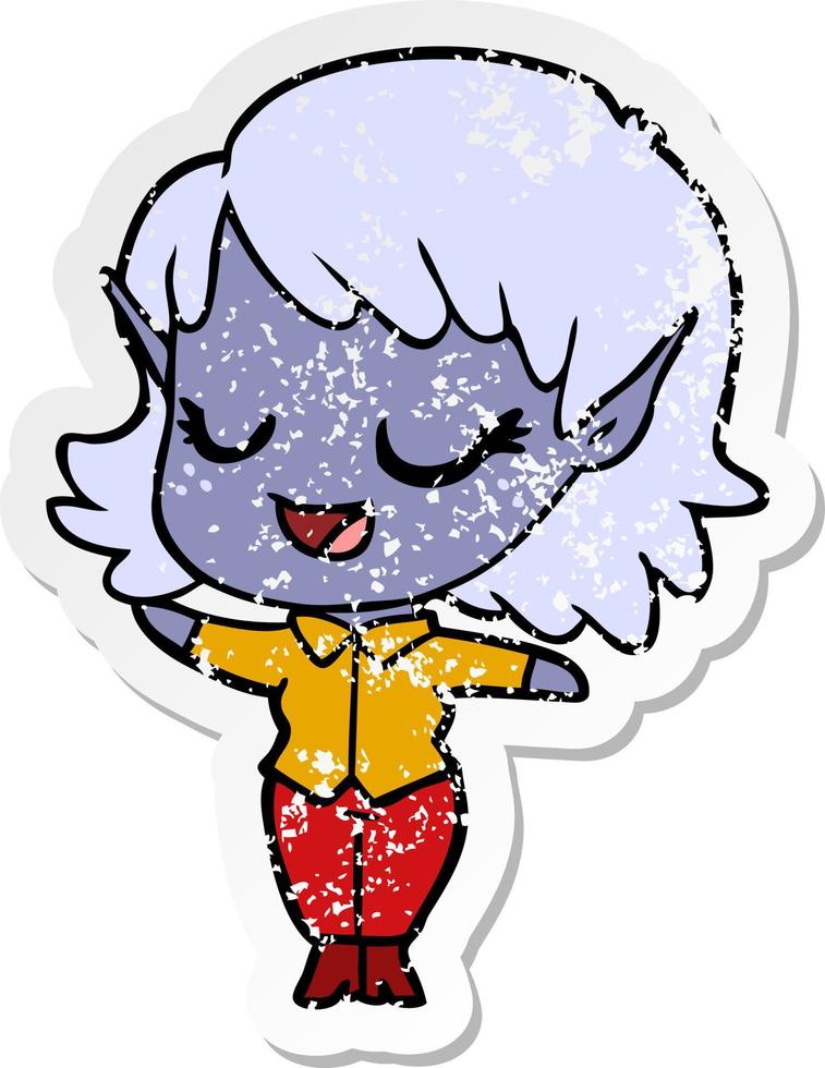 distressed sticker of a happy cartoon elf girl vector