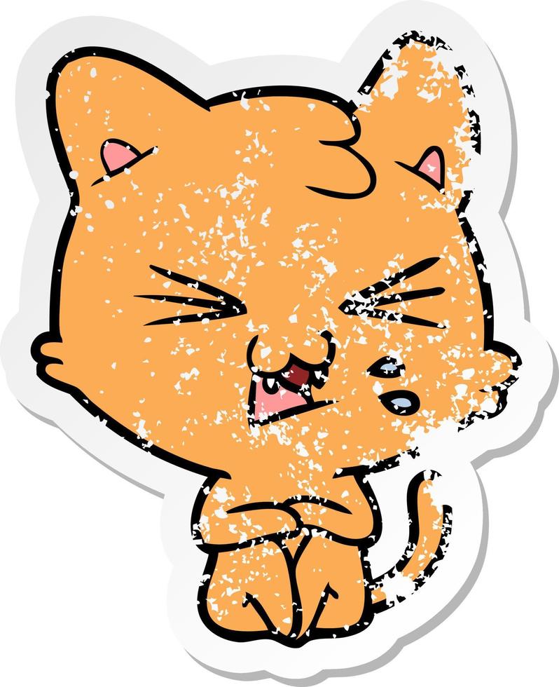 distressed sticker of a cartoon hissing cat vector