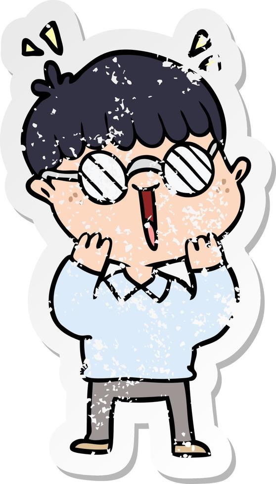 distressed sticker of a cartoon happy boy wearing spectacles vector