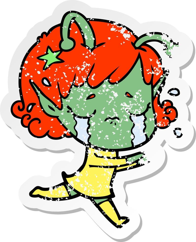 distressed sticker of a cartoon crying alien girl vector