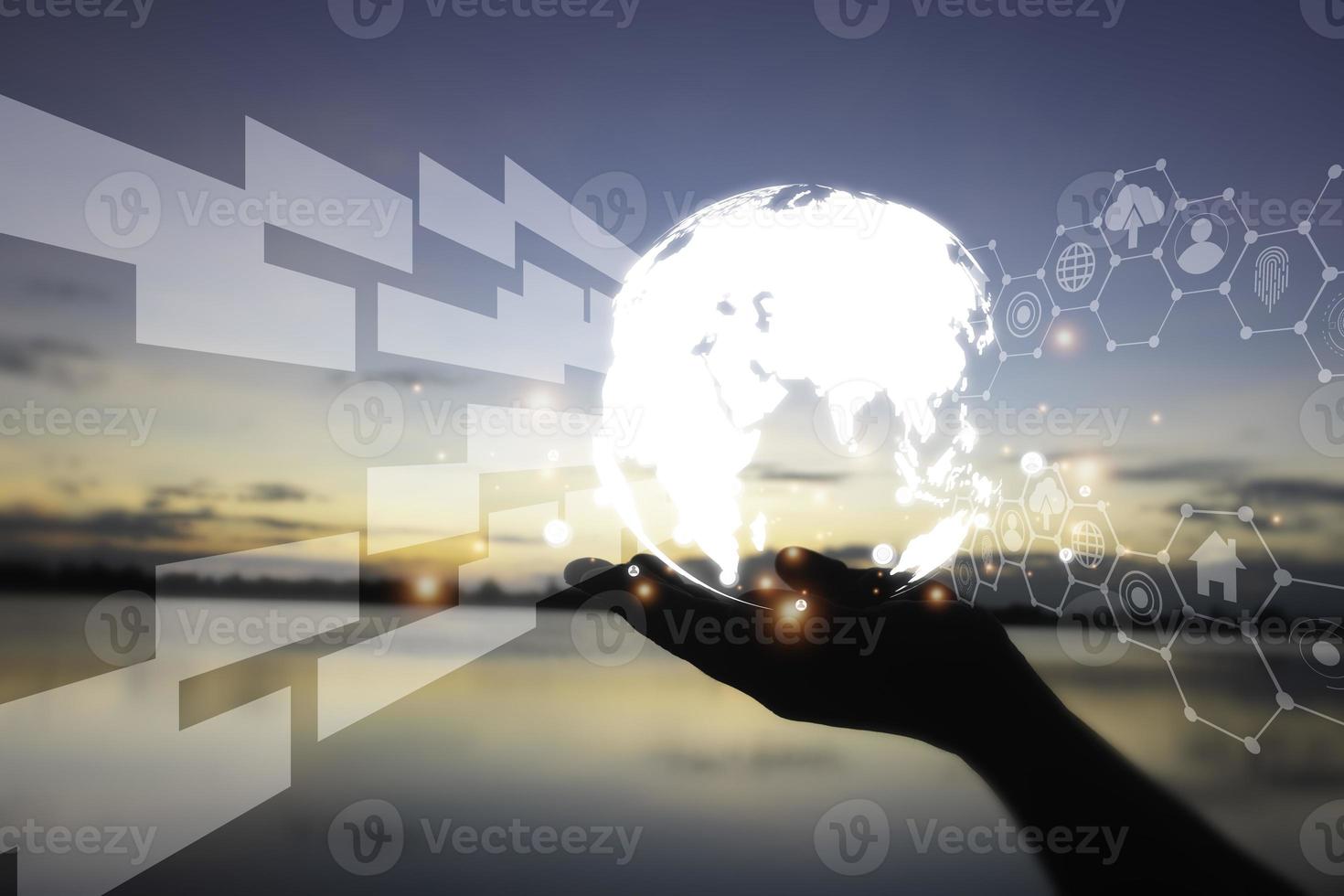Hand holding circle network communication technology for global.Data in the global computer social.telecommunication,earth cryptocurrency.photo modern technology and communication concept. photo