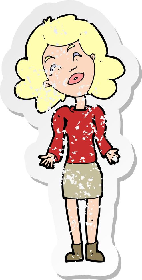 retro distressed sticker of a cartoon woman shrugging shoulders vector