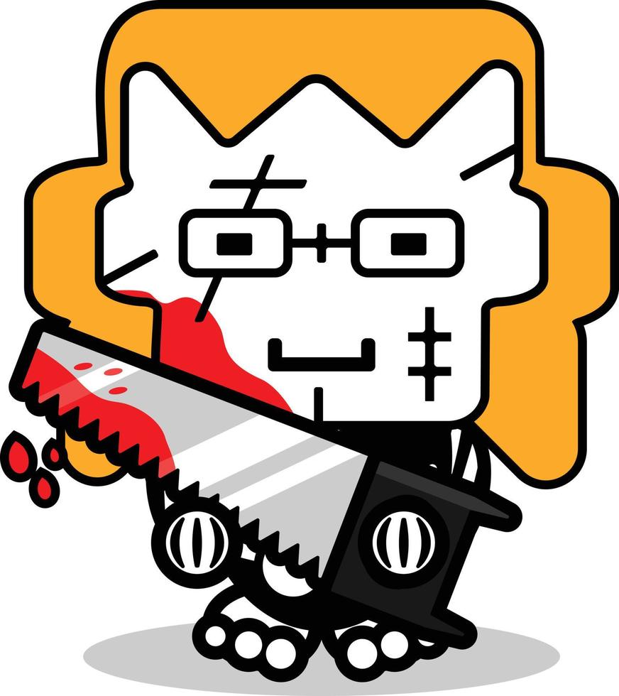 lindo chucky hueso mascota personaje dibujos animados vector ilustración sosteniendo sierra sangrienta