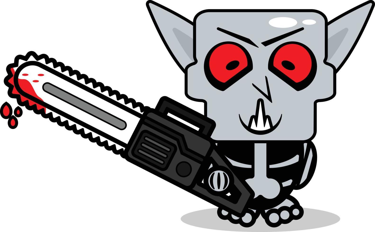 cute nosphere bone mascot character cartoon vector illustration holding bloody saw machine