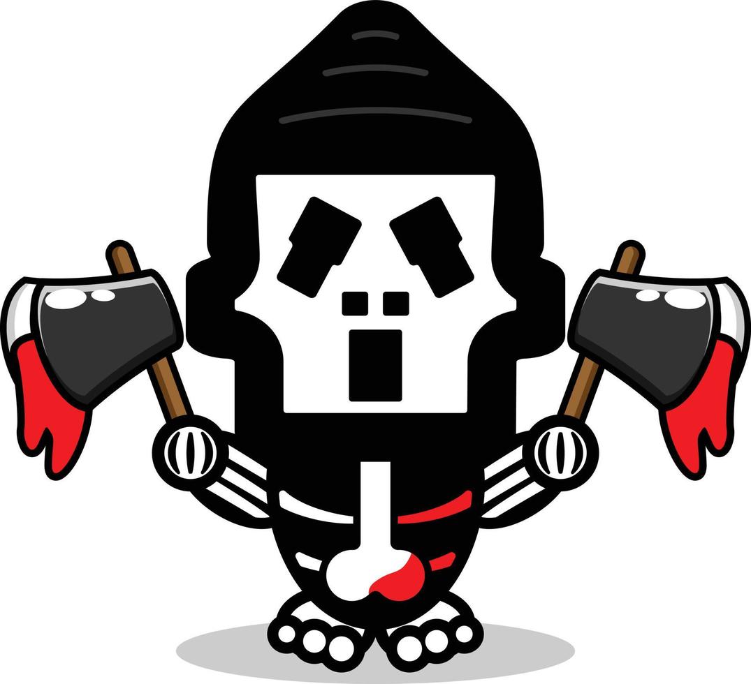 cute ghostface bone mascot character cartoon vector illustration holding bloody ax