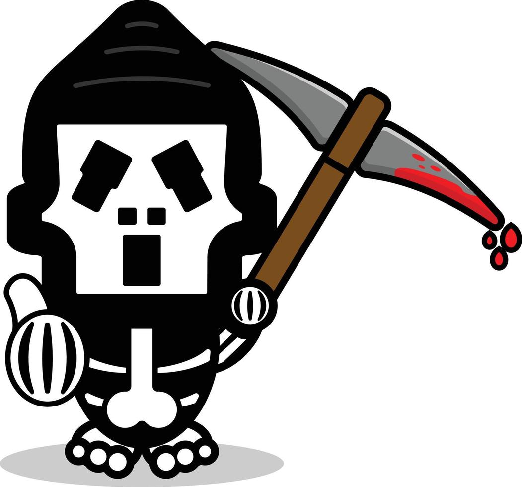 cute ghostface bone mascot character cartoon vector illustration holding bloody pickaxe