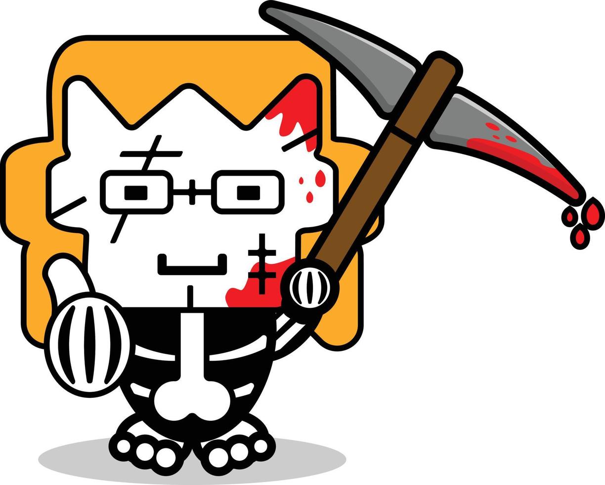 lindo chucky hueso mascota personaje dibujos animados vector ilustración sosteniendo sangrienta piqueta