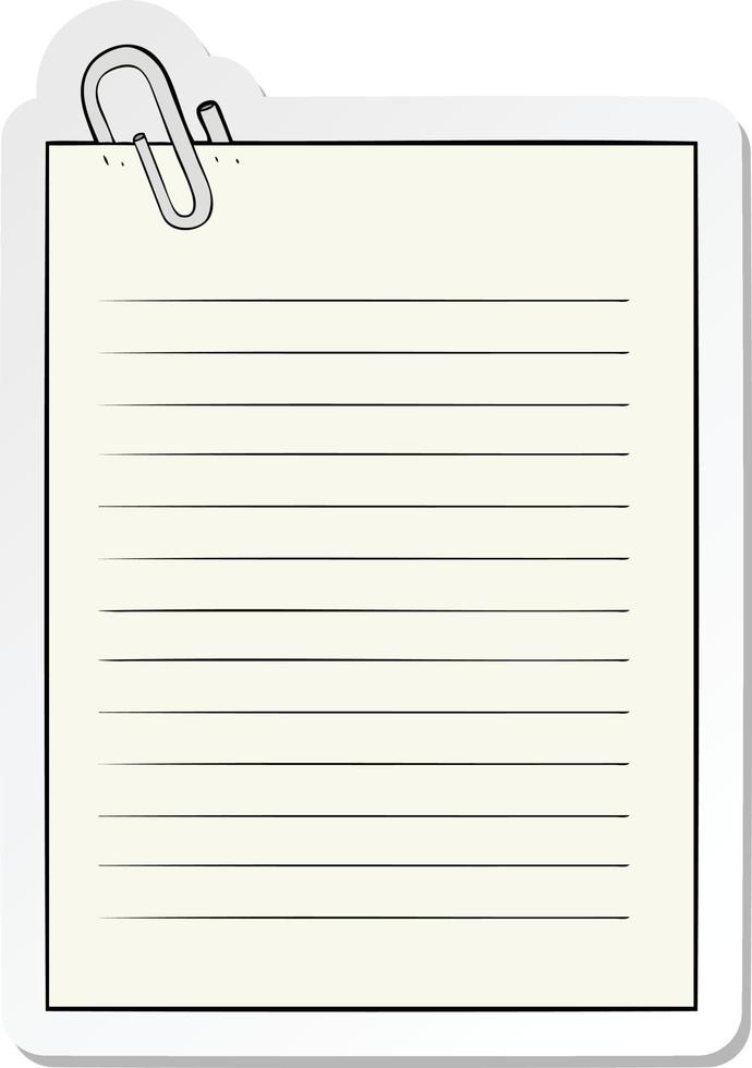 sticker of a cartoon lined paper with paperclip vector
