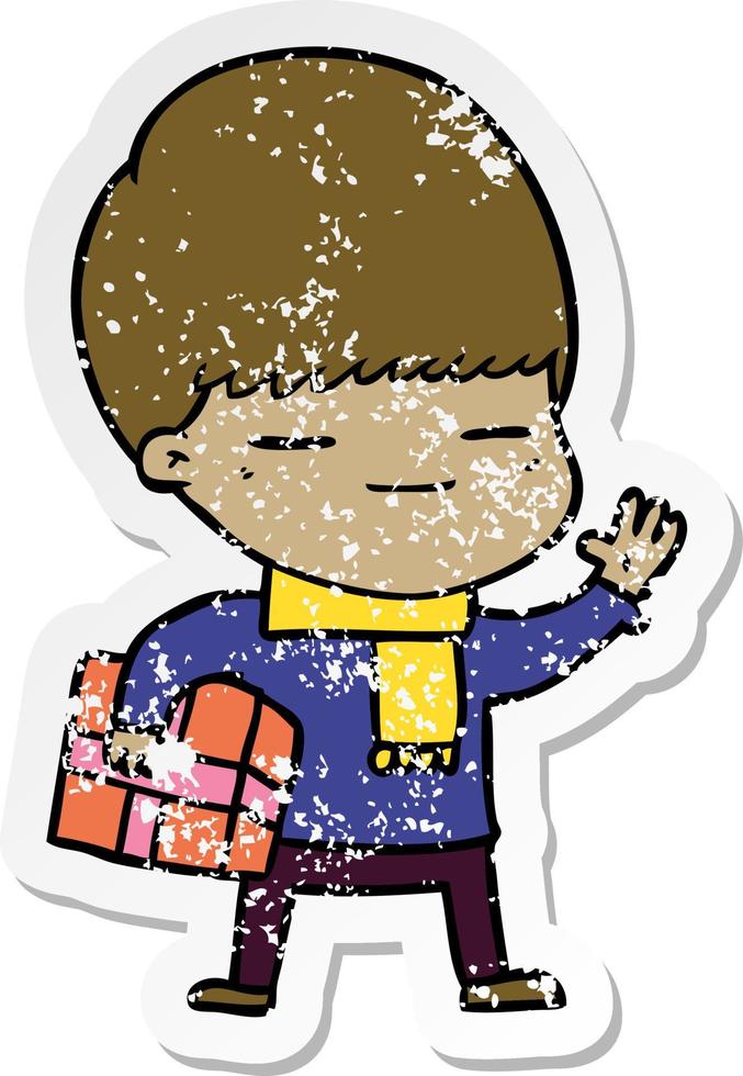 distressed sticker of a cartoon smug boy carrying present vector
