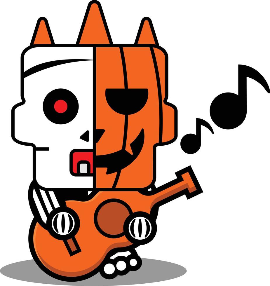 halloween cartoon pumpkin mascot character vector illustration cute skull playing guitar