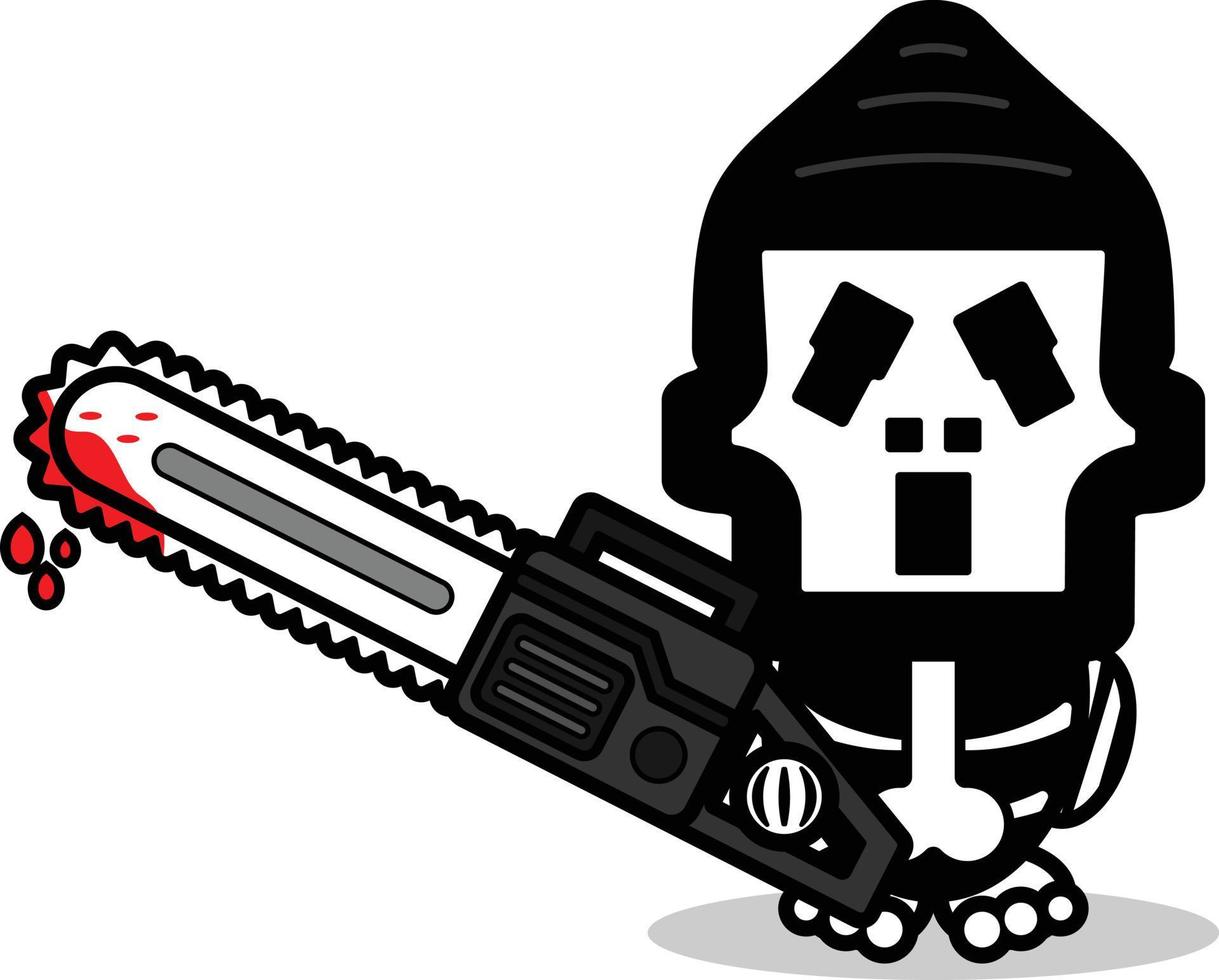 cute ghostface bone mascot character cartoon vector illustration holding bloody saw machine