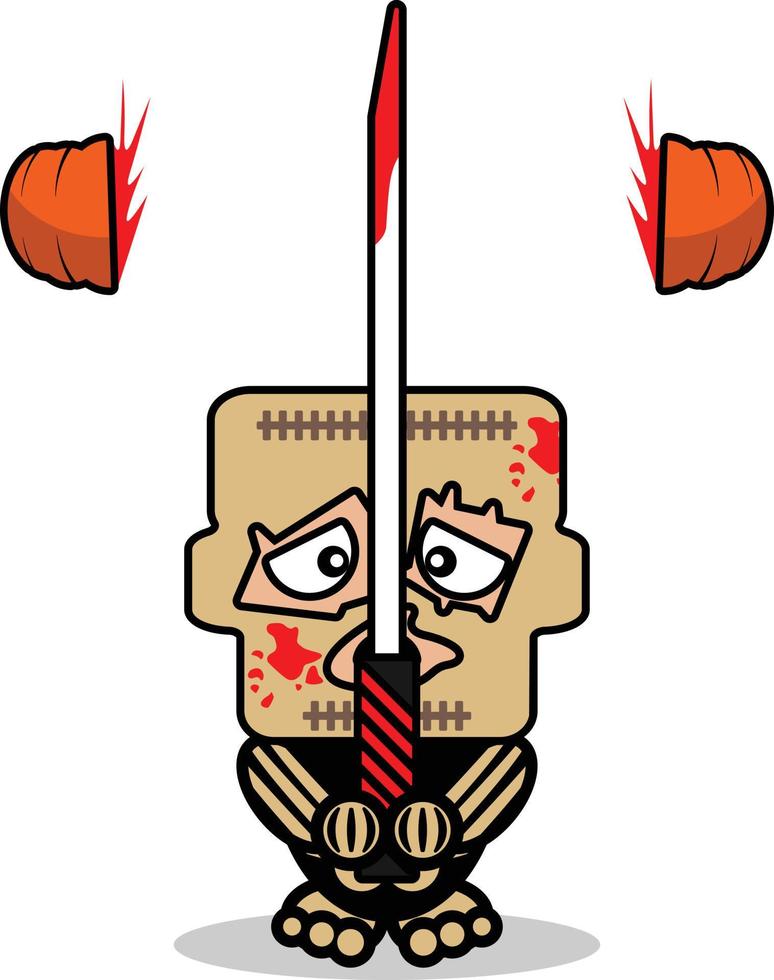 cute leatherface bone mascot character cartoon vector illustration holding bloody sword