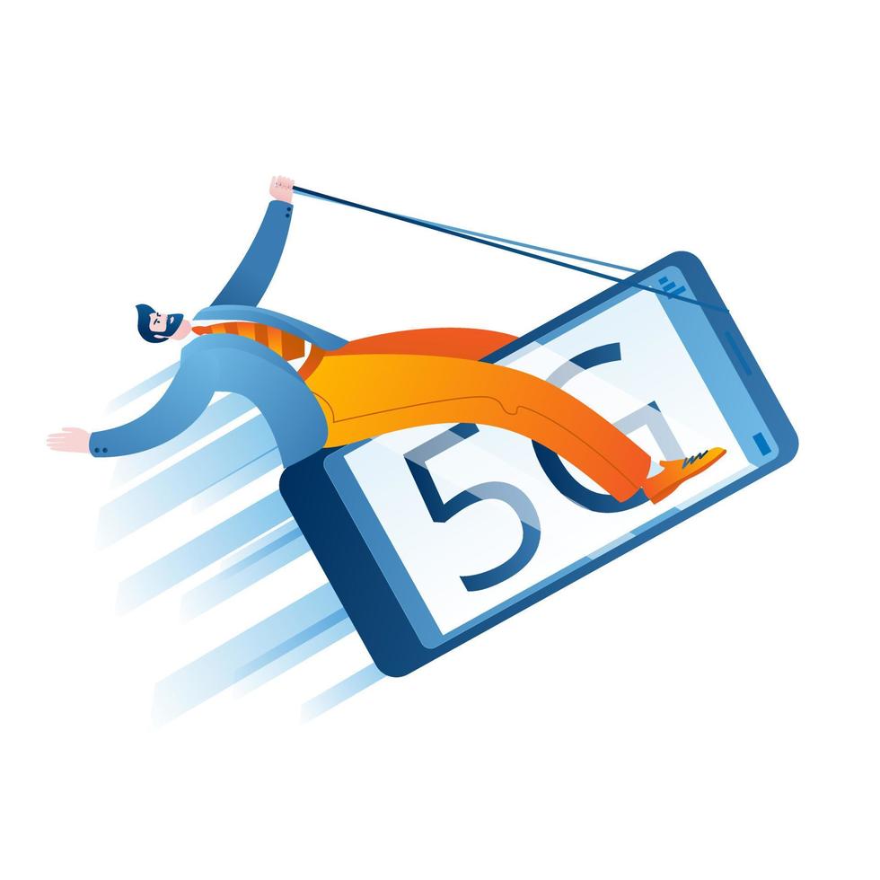 A man in a business suit is flying on a mobile phone. vector