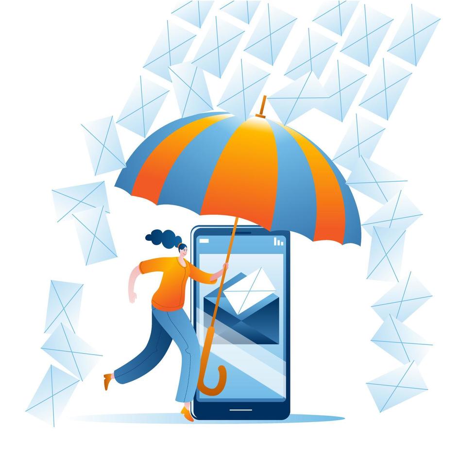 la chica con el paraguas protege el servidor de correo del teléfono inteligente contra el spam. ilustración vectorial sobre el tema de la ciberseguridad y la lucha contra los correos maliciosos. vector