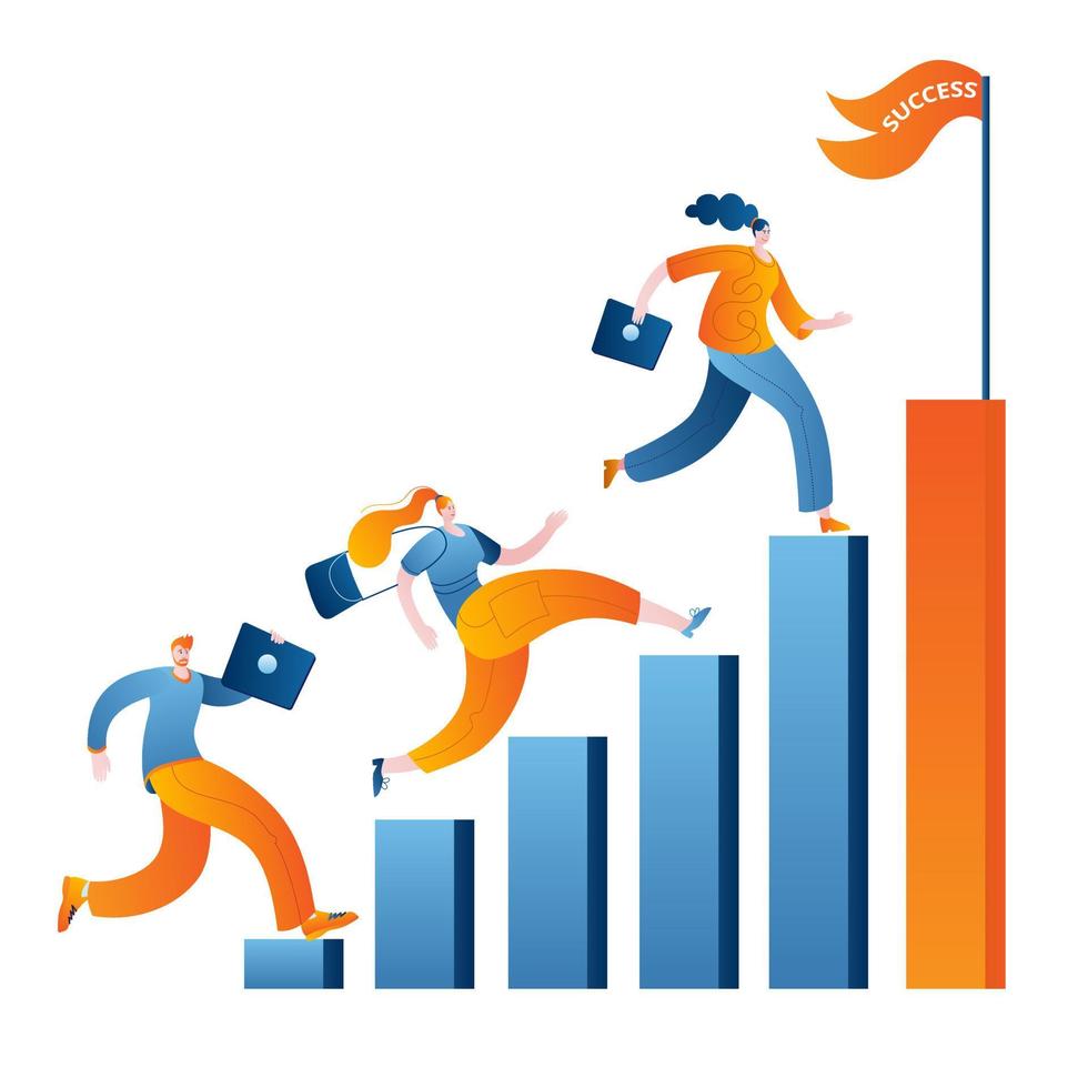 People climb the bar chart to success. Vector illustration in a flat style on the topic of team work success.