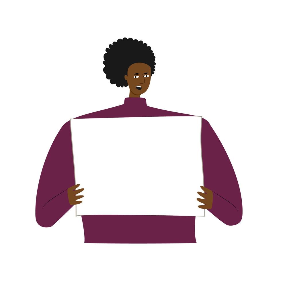 African woman protester holding empty poster in her hands. Feminism concept doodle drawing. Young woman feminist demonstration. vector