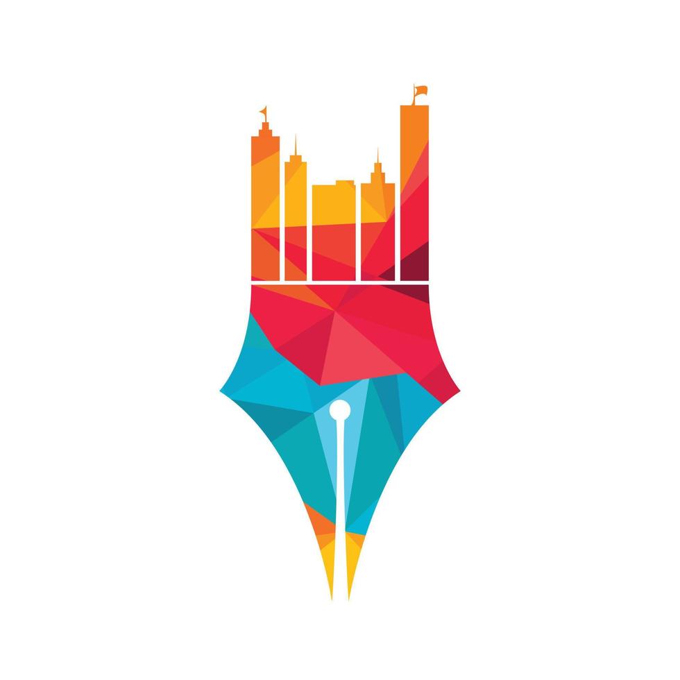 concepto creativo con diseño de logotipo de pluma y horizonte de la ciudad. vector