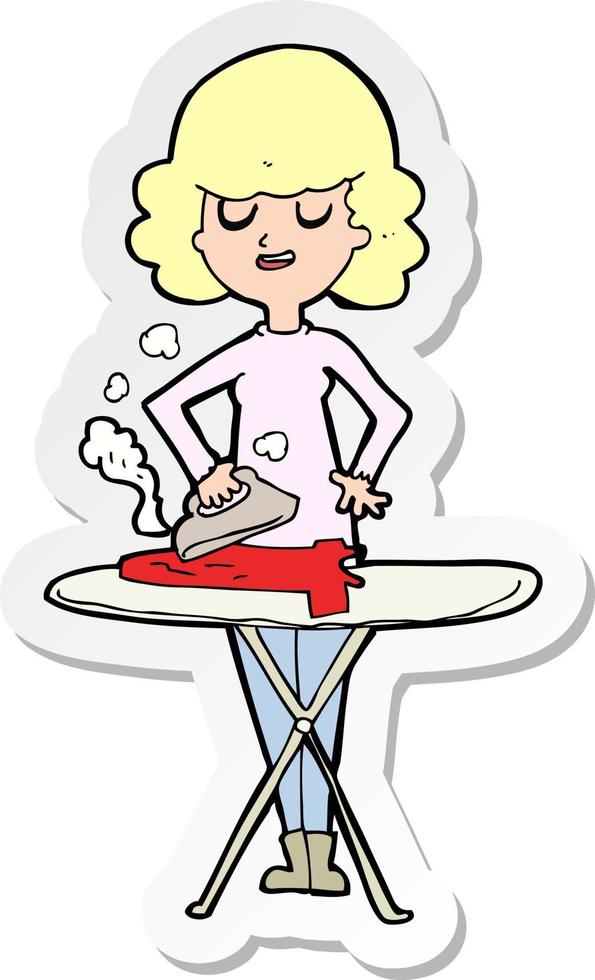 sticker of a cartoon woman ironing vector