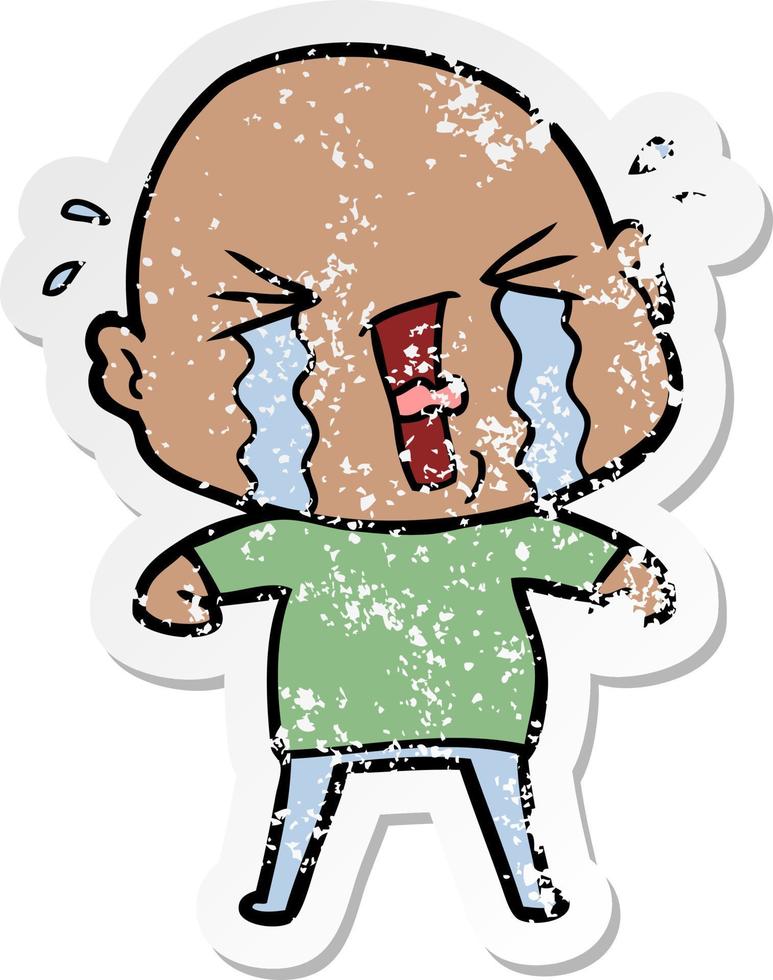 distressed sticker of a cartoon crying bald man vector