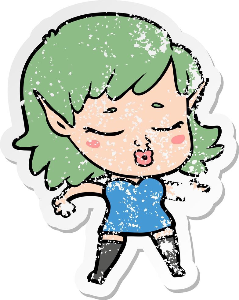 distressed sticker of a pretty cartoon elf girl vector