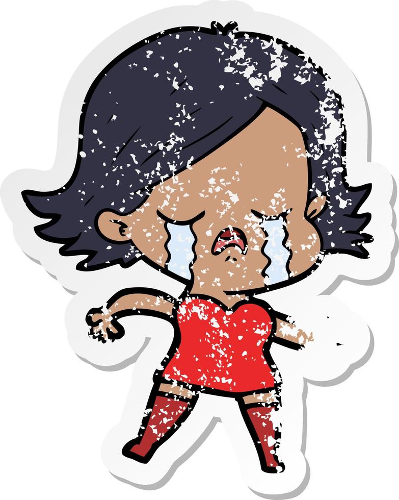 distressed sticker of a cartoon girl crying and pointing vector