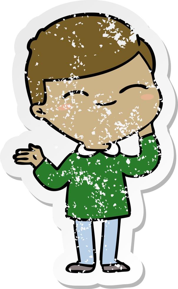 distressed sticker of a cartoon shy smiling boy vector