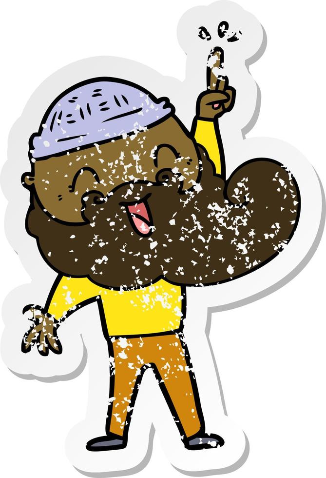 distressed sticker of a happy bearded man with great idea vector