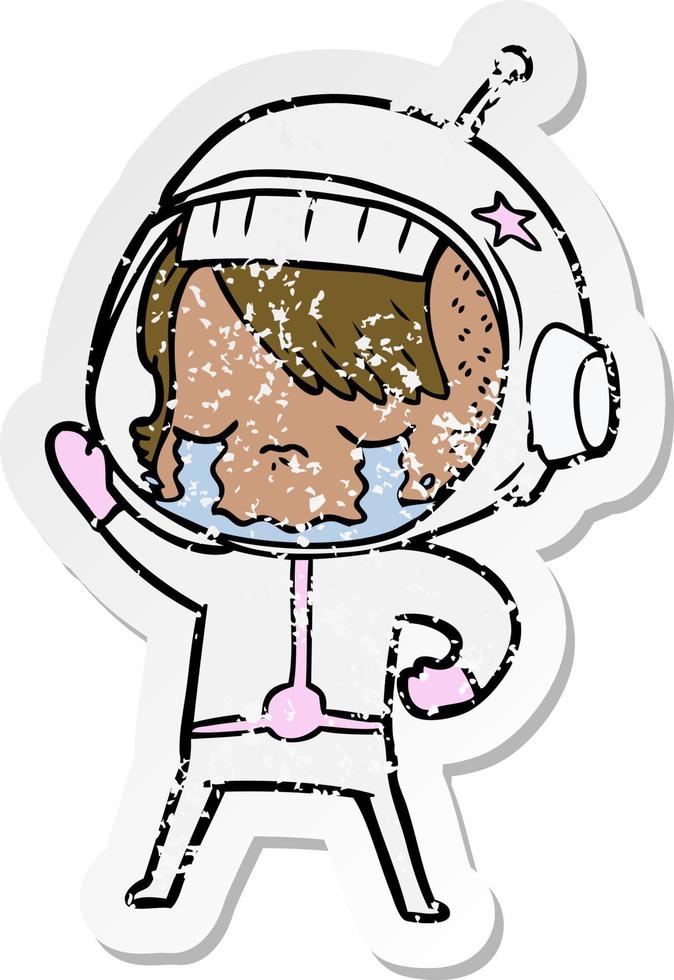 pegatina angustiada de una niña astronauta llorando de dibujos animados vector