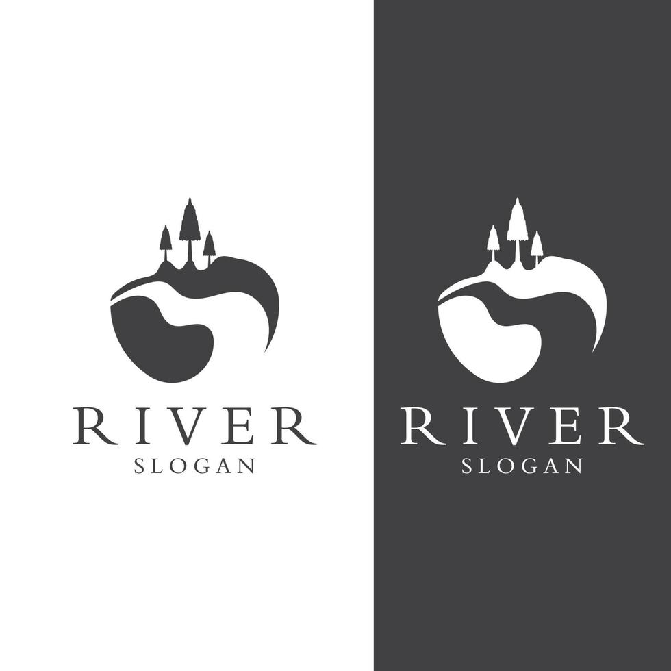 Logos of rivers, creeks, riverbanks and streams. River logo with combination of mountains and farmland with concept design vector illustration template.