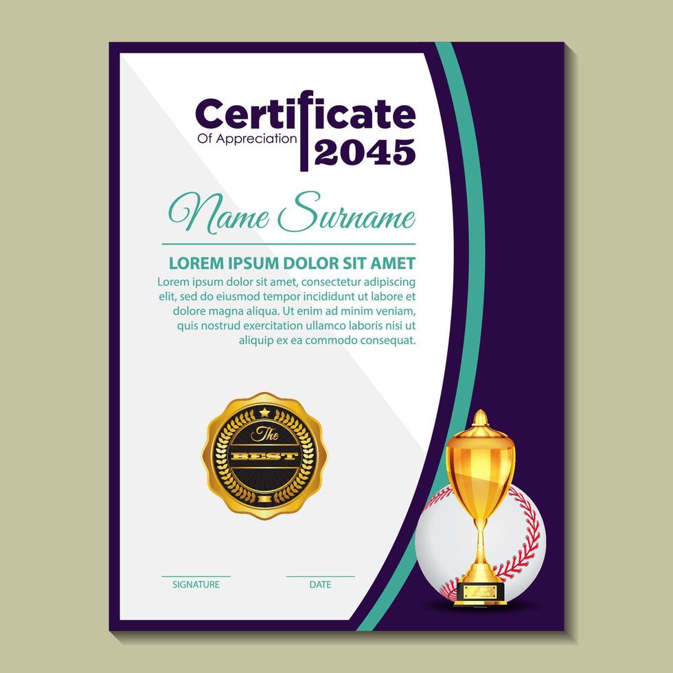 diseño de certificado de béisbol con vector de juego de copa de oro. béisbol. plantilla de premio deportivo.