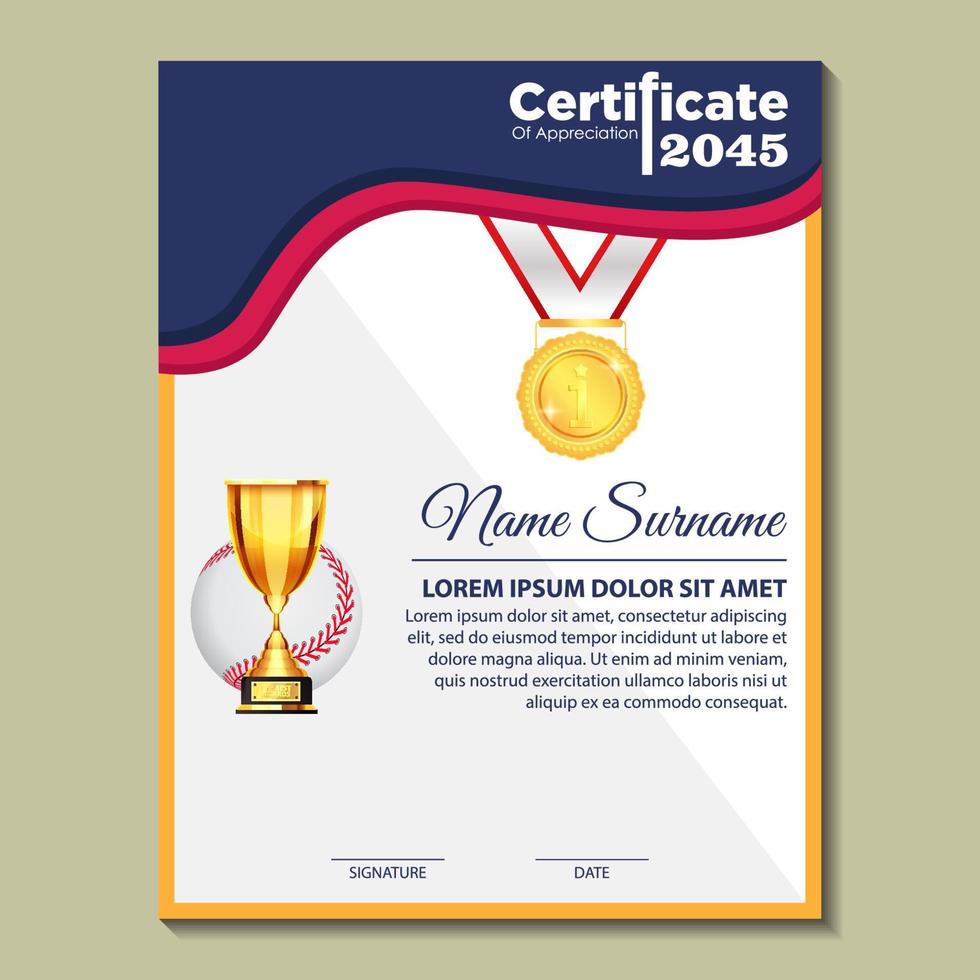 Baseball Certificate Design With Gold Cup Set Vector. baseball. Sports Award Template. Achievement Design. Graduation vector