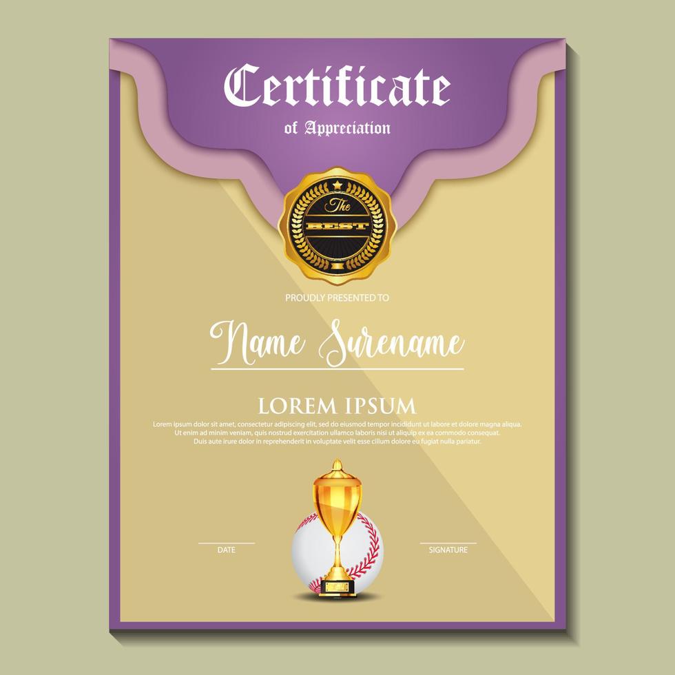 Baseball Certificate Design With Gold Cup Set Vector. baseball. Sports Award Template. vector