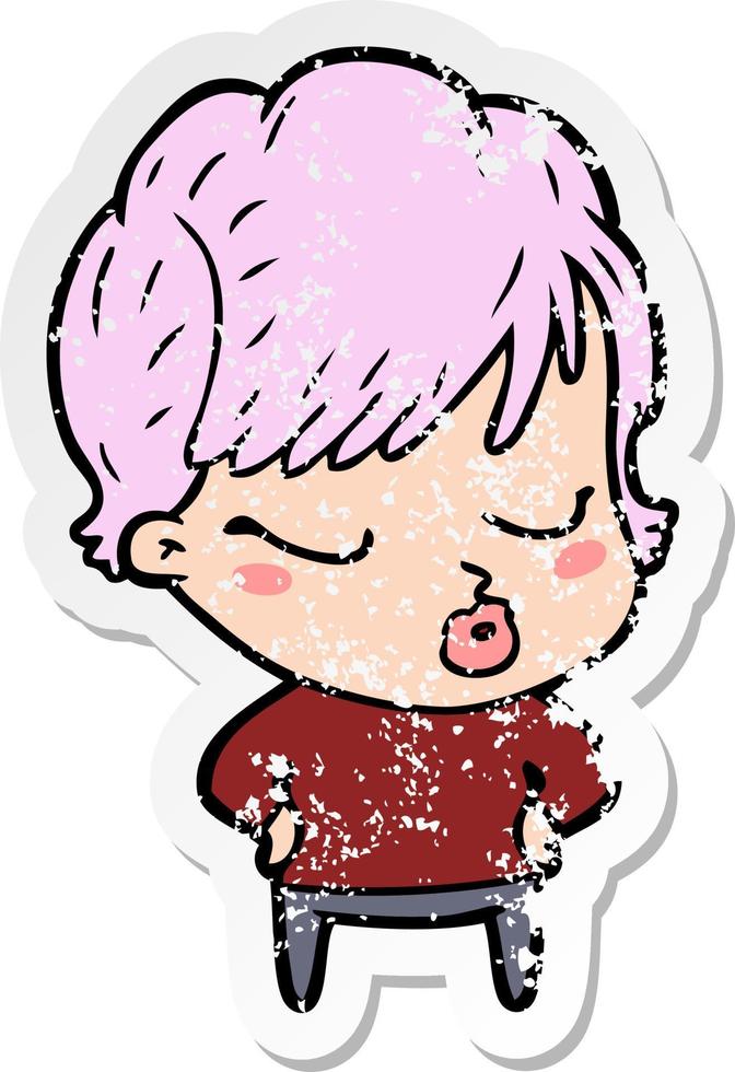 distressed sticker of a cartoon woman with eyes shut vector