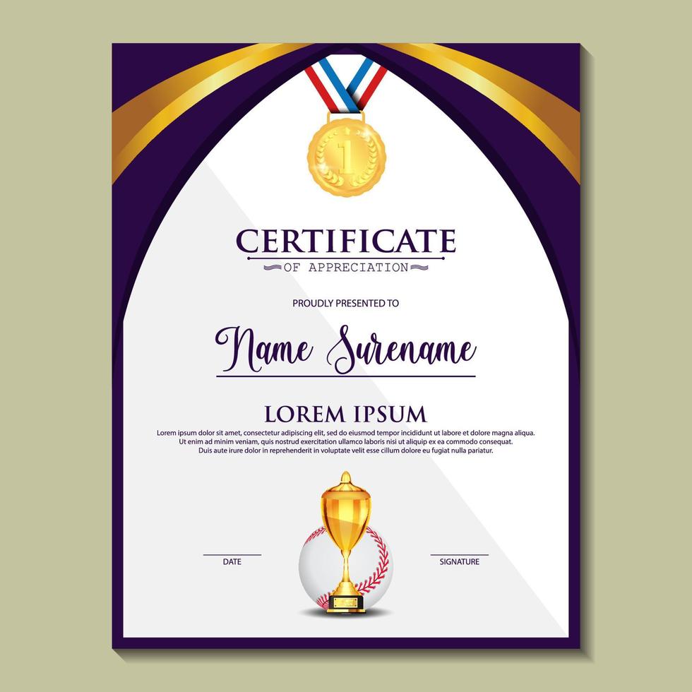 Baseball Certificate Design With Gold Cup Set Vector. baseball. Sports Award Template. Achievement Design. Graduation vector