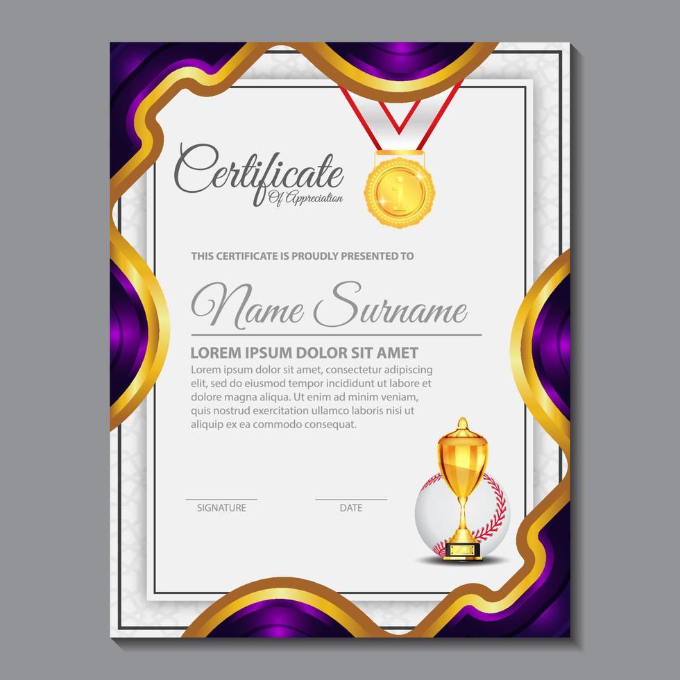 Baseball Certificate Design With Gold Cup Set Vector. baseball. Sports Award Template vector