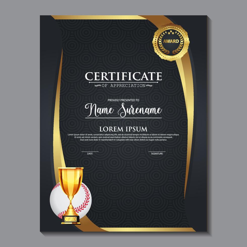 diseño de certificado de béisbol con vector de juego de copa de oro. béisbol. plantilla de premio deportivo
