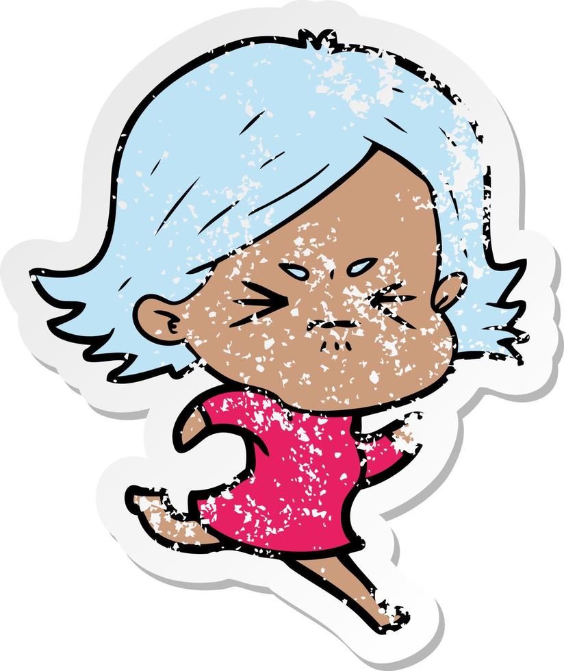 distressed sticker of a cartoon angry girl vector