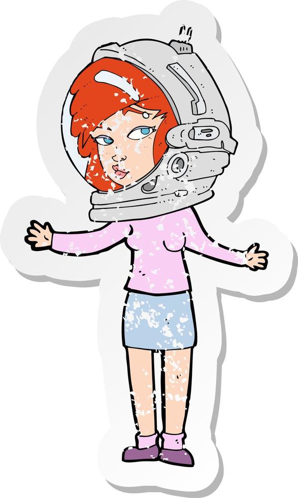 retro distressed sticker of a cartoon woman wearing astronaut helmet vector
